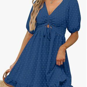 Women's Short Puff Sleeve Ruffle Dress V-Neck Tie Back A Line Blue